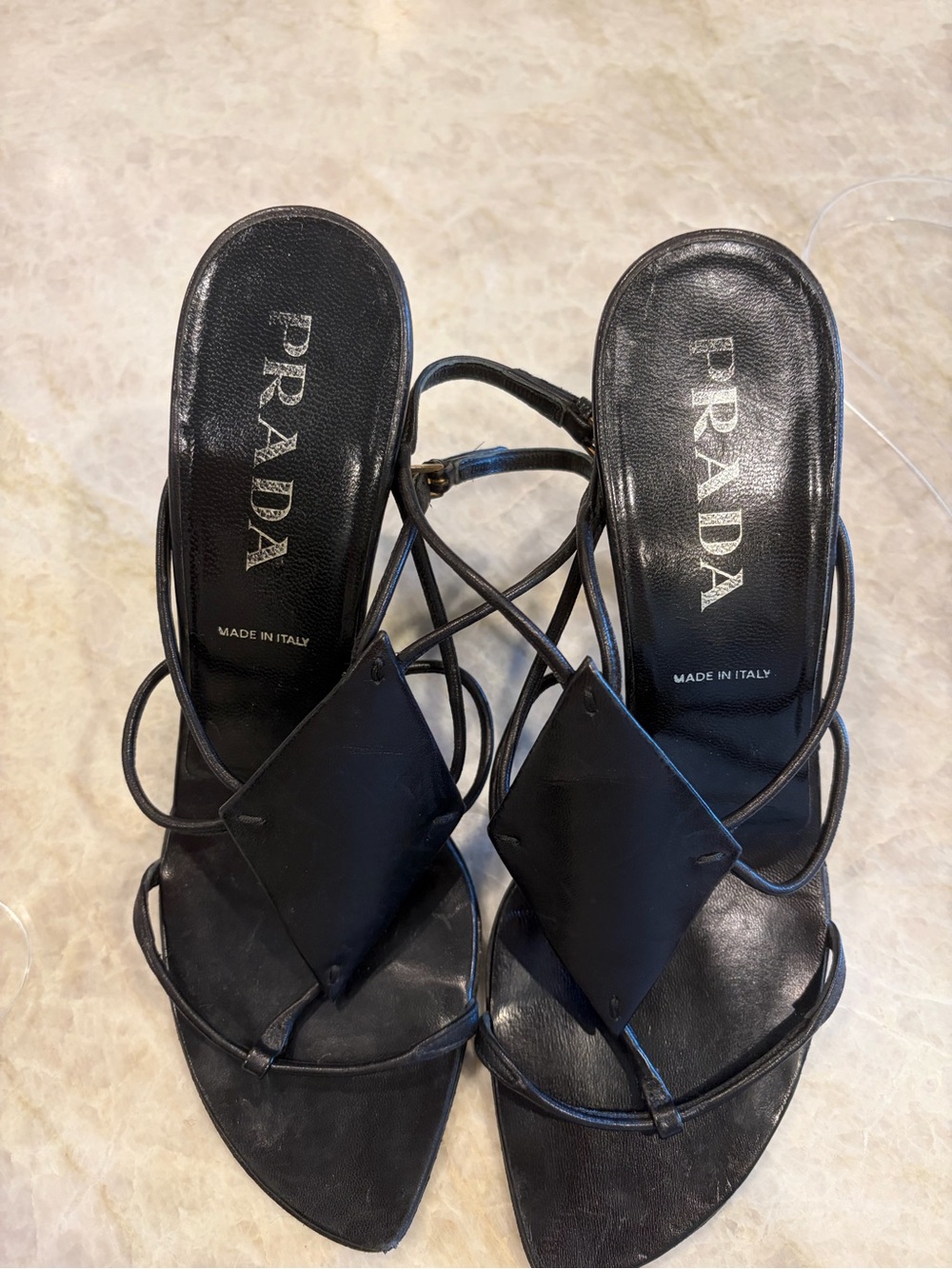 Prada Black Strappy Pointed-Toe Wedge style Heeled Sandals.